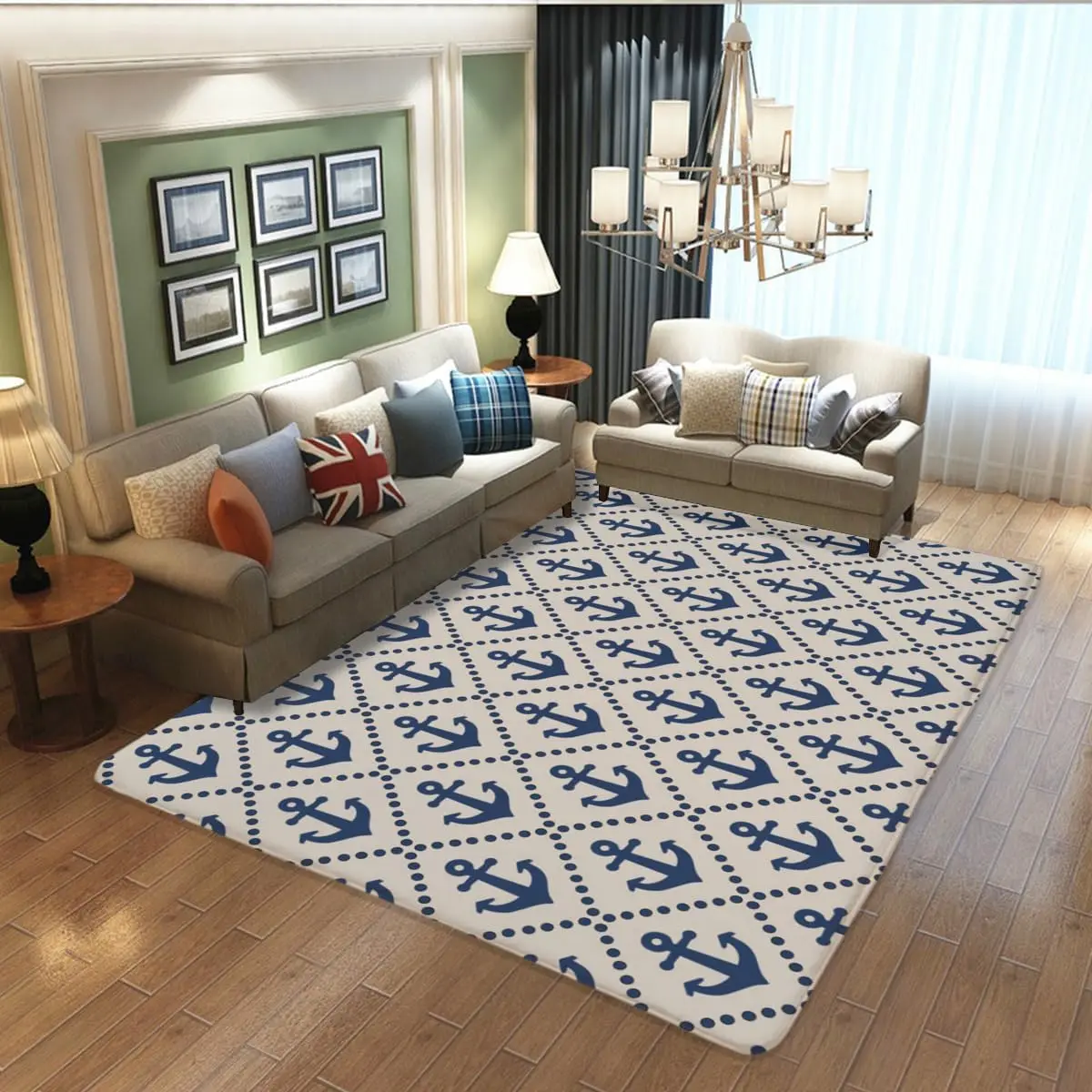 The Marine Anchor Print Rug has a Domineering Design  Customizable ship name Washable Soft Low Pile Room Decoration Nautical Rug