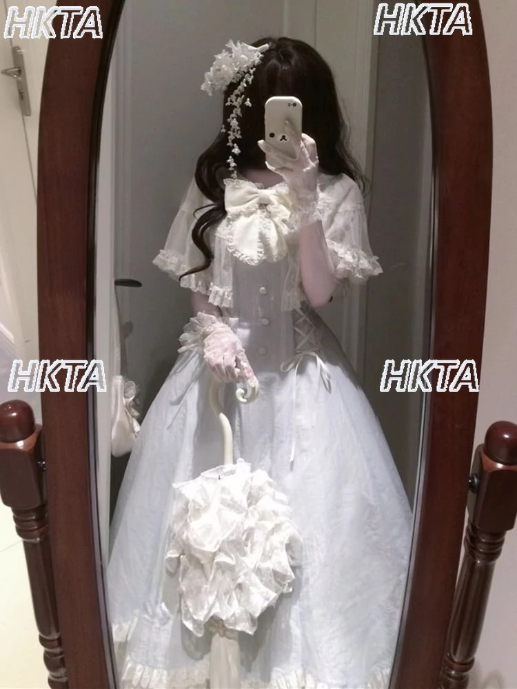 Japanse stijl elegante lolita taille lolita jurk vrouwen zomer bloemblaadjes korte mouwen pop kraag boog riem prinses lange jurk