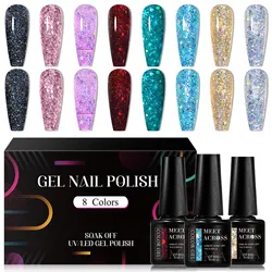 MEET ACROSS 8Pcs/Set Glitter Gel Nail Polish Colorful Laser Semi Permanent Nail Art Gel Varnish For Nails Manicure