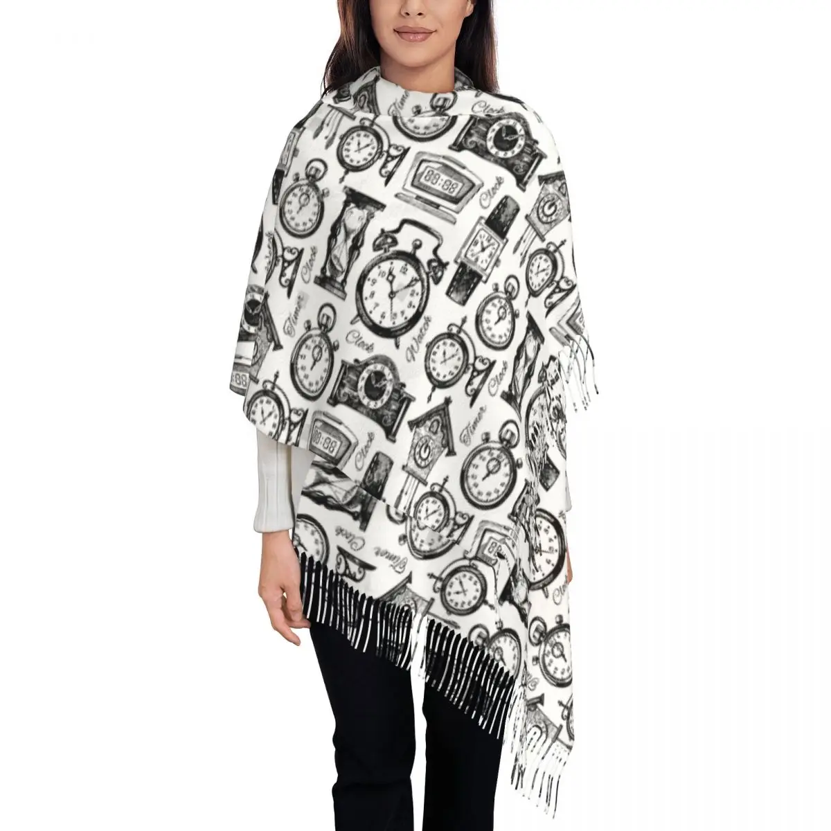 Clocks And Watches Sketch Scarf Black  Shawls Wrpas with Long Tassel Lady y2k Cool Scarves Wraps Autumn Bufanda Mujer