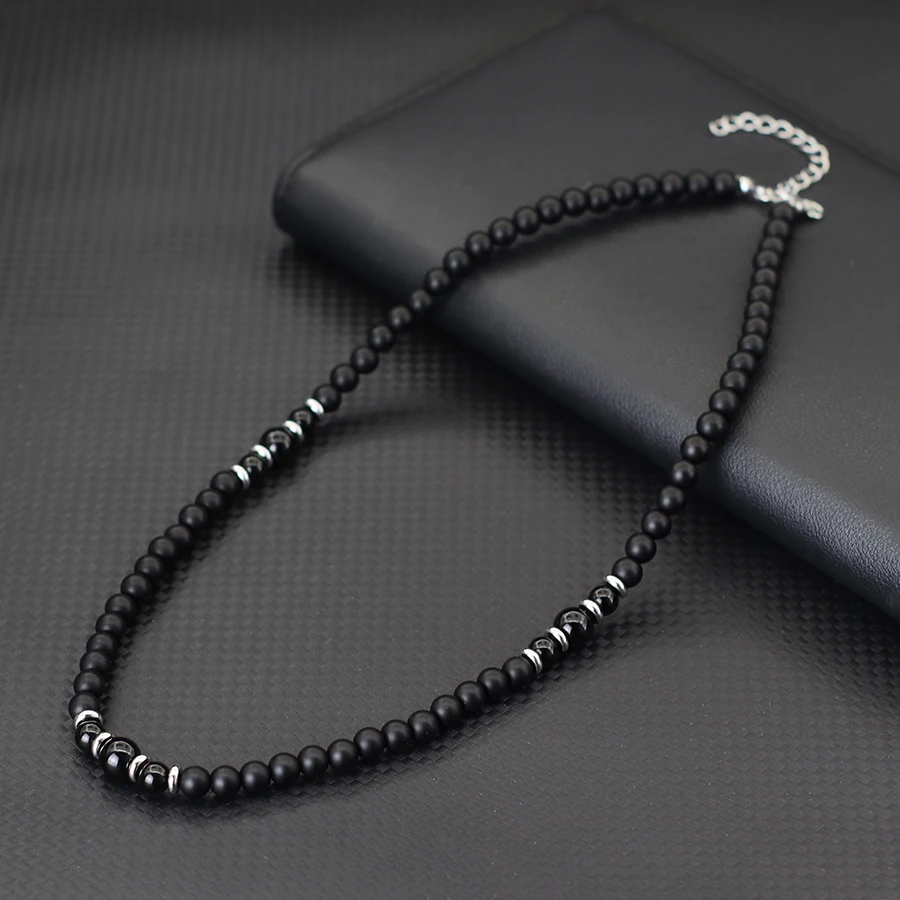 New Handmade Healing Stone Necklace Men 6mm Onyx Beads Healing Short Collar Outdoor Cool Biker Neck Accessories Boyfriend Gift