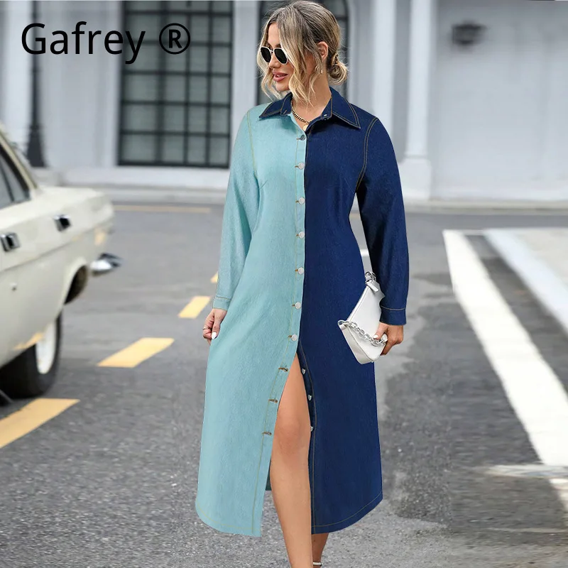 

Plus Size New Color Block Patchwork Denim Shirt Dress Two Tone Jean Oversized Casual Vintage Jacket Style 2026