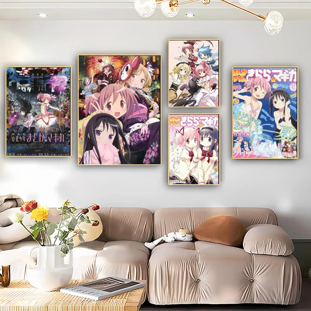 Anime Puella Magi Madoka Magica Poster Self-adhesive Art Poster Retro Kraft Paper Sticker DIY Room Bar Cafe Vintage Decorative