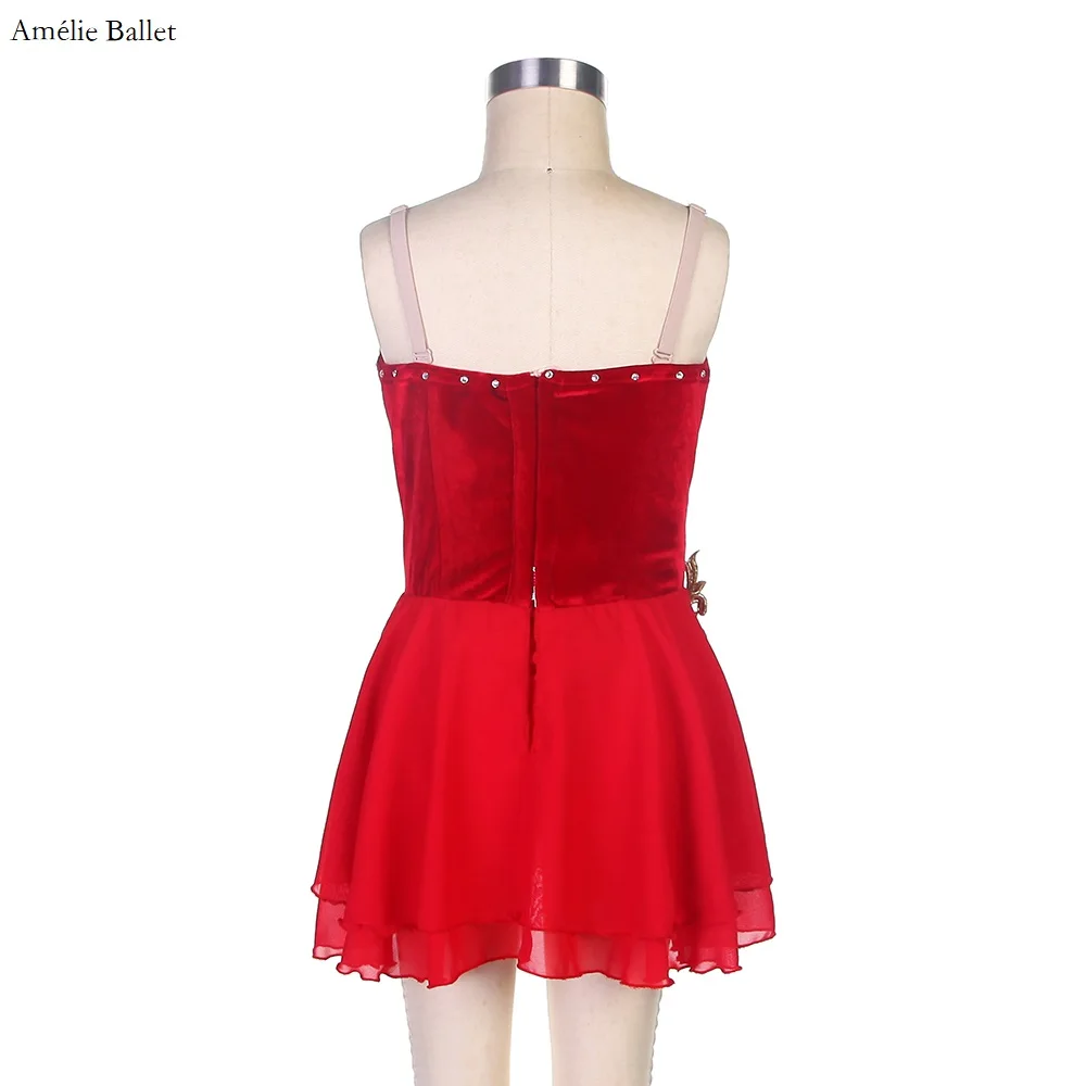 B20020 Tutú de danza de Ballet profesional personalizado para niñas y mujeres, corpiño de terciopelo rojo con apliques dorados y falda de gasa roja