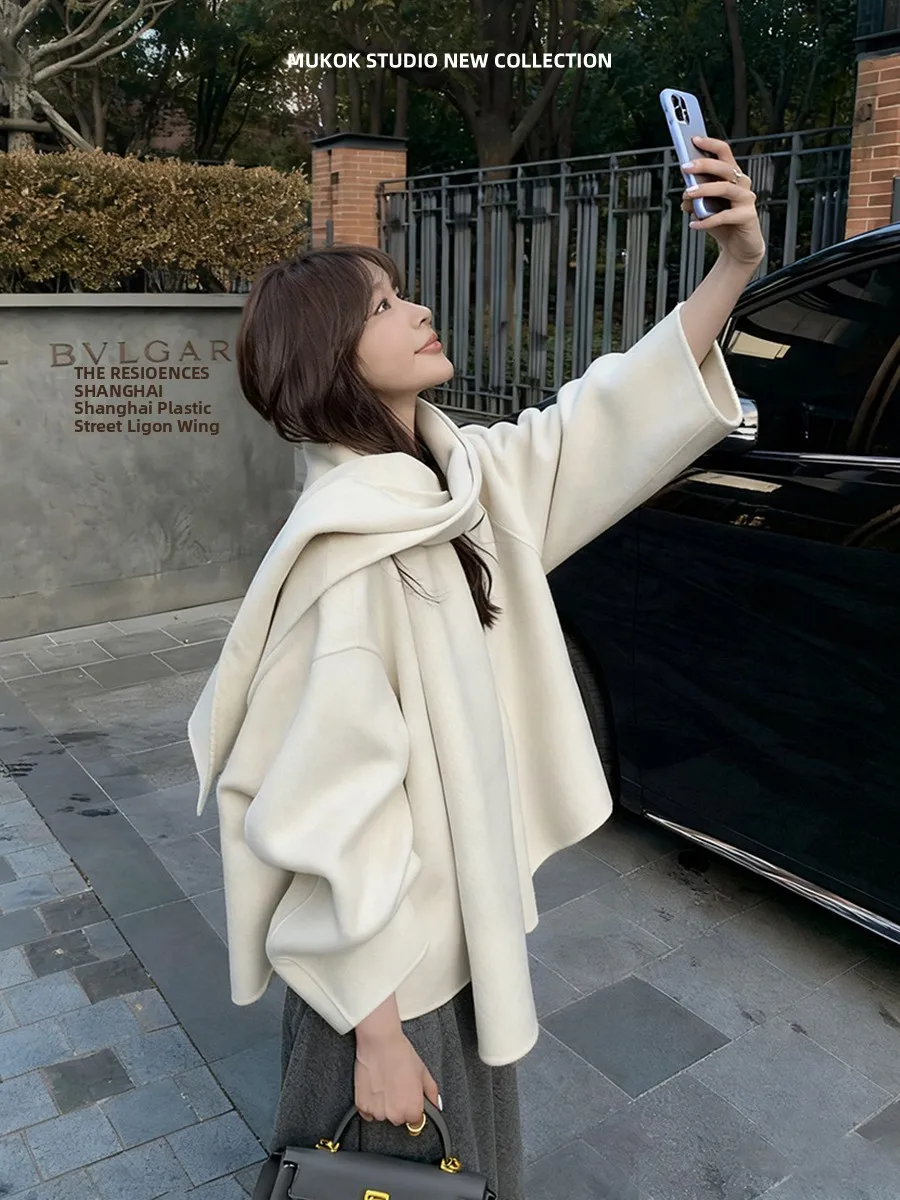 

Шерстяное пальто ручной работы MUKOK00 с двойным лицевым покрытием и шарфом, модель High-Branch Camere, круглый вырез, нестандартный размер, женская модная верхняя одежда