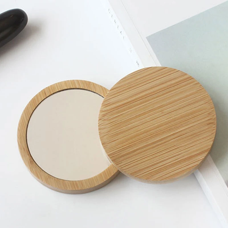 

40pcs Wooden Small Round Mirror Portable Pocket HD Mirror Wood Mini Makeup Mirror