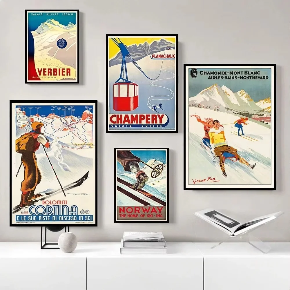 Vintage Ski Poster Chamonix Print Retro Australia France Norway Skiing Canvas Painting Wall Art Travel Picture Living Room Decor
