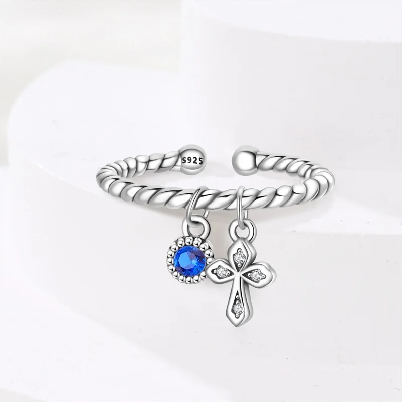 クラシックオリジナル 925 スターリングシルバーレトロスタイルブルージルコンクロス調節可能なオープンリング女性女の子ジュエリー誕生日ギフト