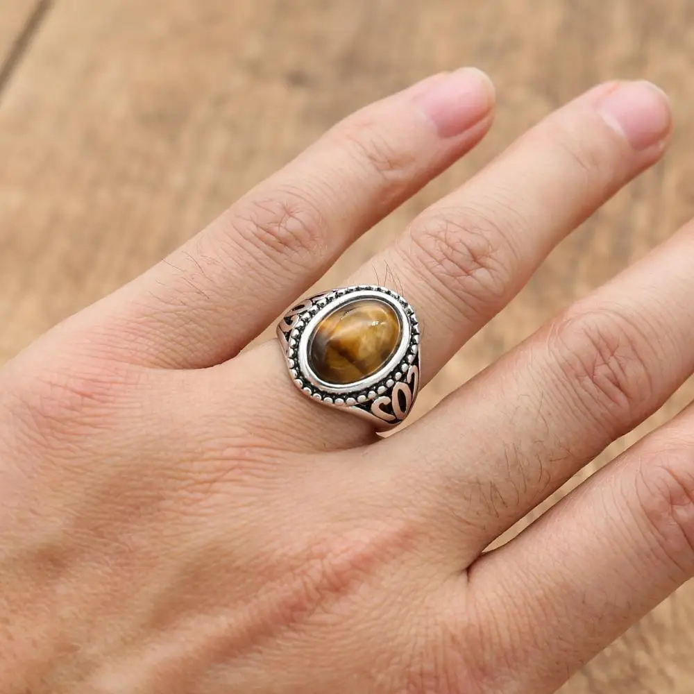 10*14mm Natural Stone Vintage Ring Antique Jewelry Adjustable Tiger Eye Rings for Women Men Large Stone Party Jewelry Gift view 6