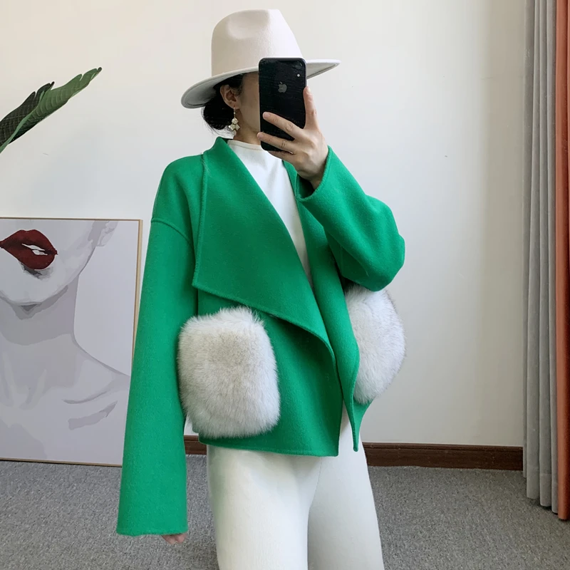 

Real Fox Fur Pocket Big Lapel Wool Coat Women Elegant Women Runway Winter Coat Fashion Woolen Jacket