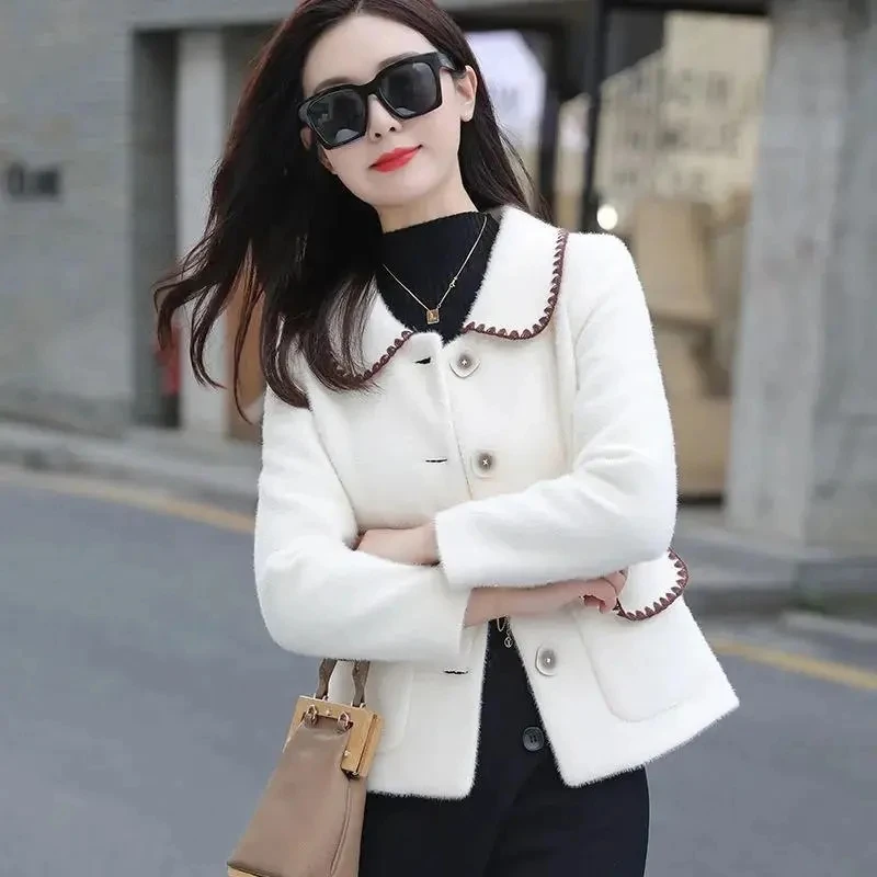 Women Jacket Short Coat Female Imitation Mink Coats Spring Autumn Winter New Femme Knitted Sweater Cardigan Fashion Woolen Tops