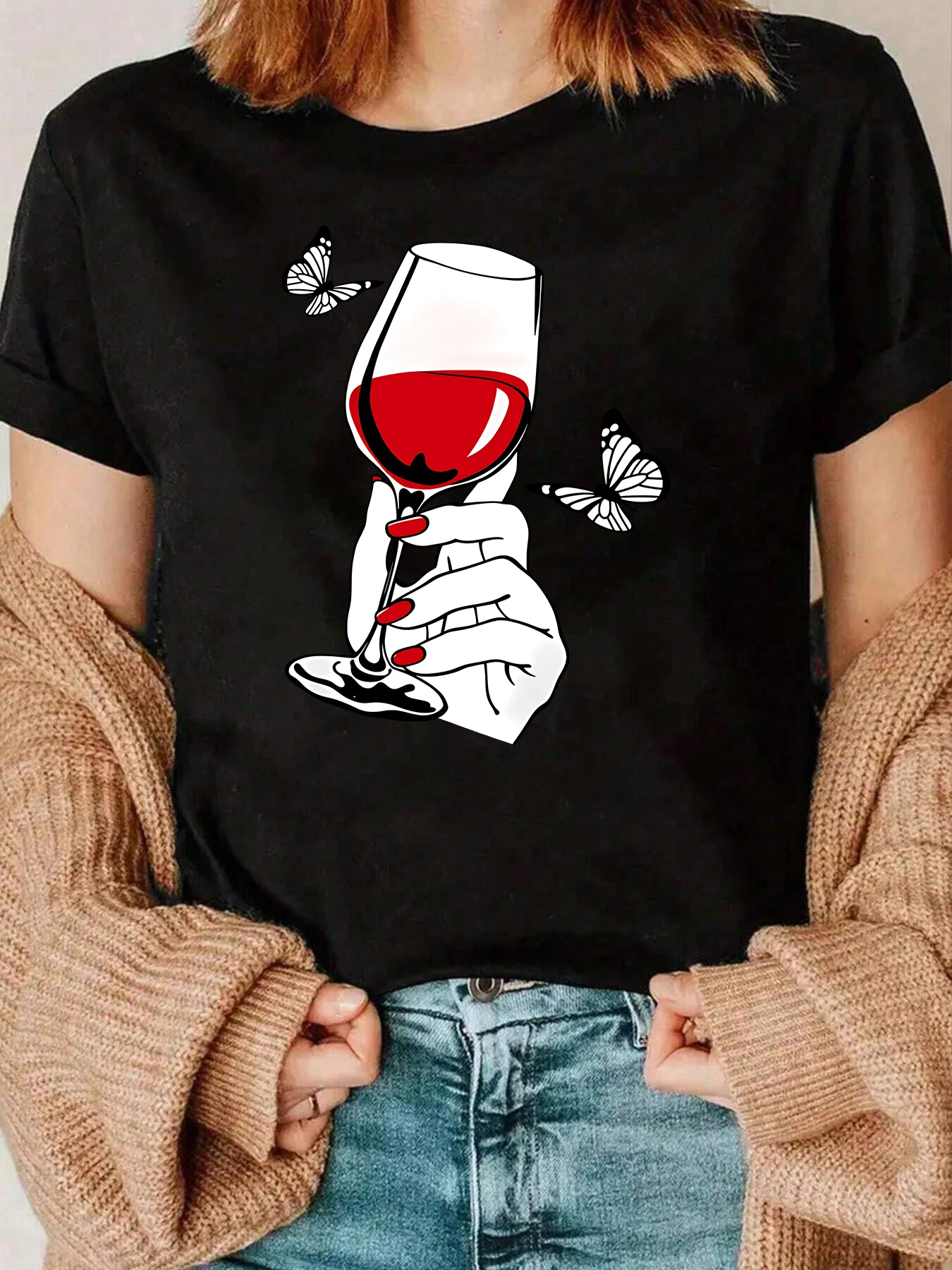 

Wine Glass And Butterflies Print T Shirt For Women Casual Wear 220g