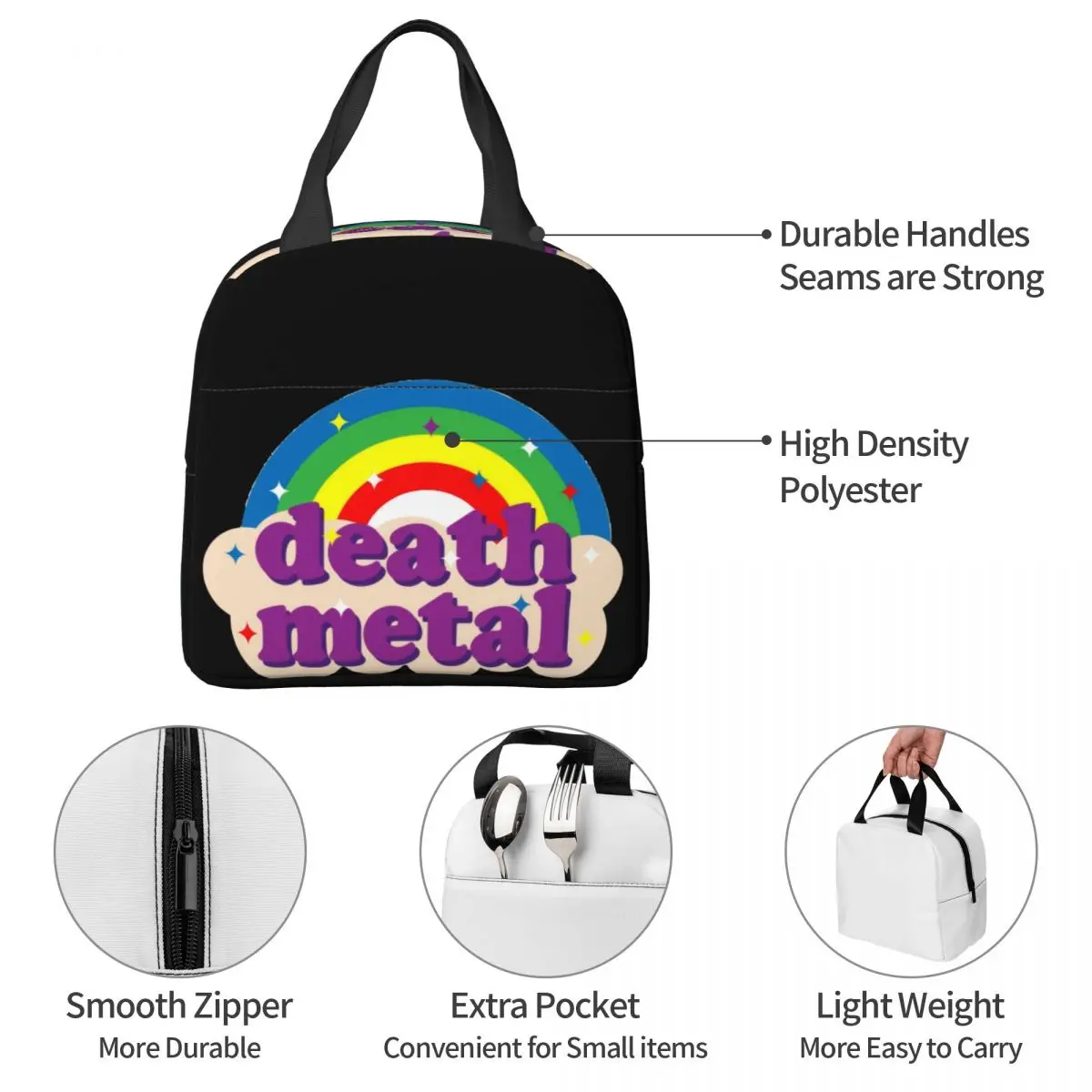 Bolsa de almuerzo de Metal Death Unisex, fiambrera portátil con aislamiento, Bento Box para alimentos