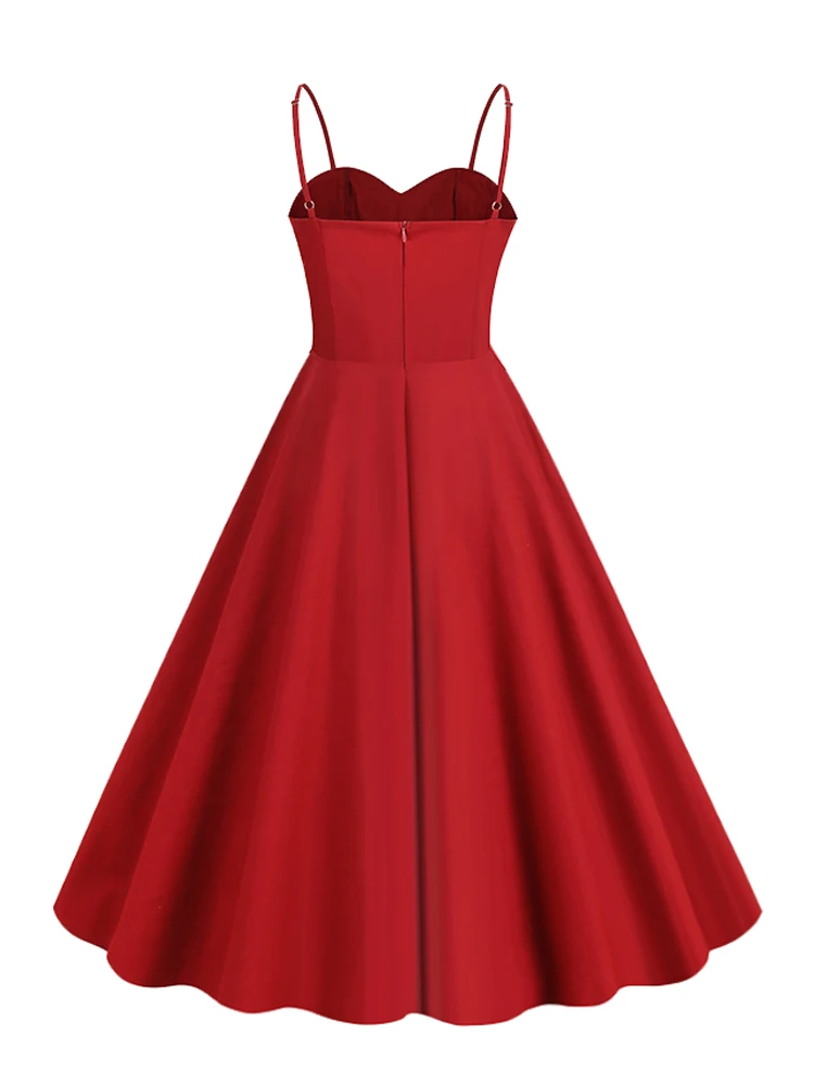 Tonval Sweetheart Neck Spaghetti Strap Double Breasted Long Dress 50s Pinup Vintage Polka Dot Women Party Sexy Dresses
