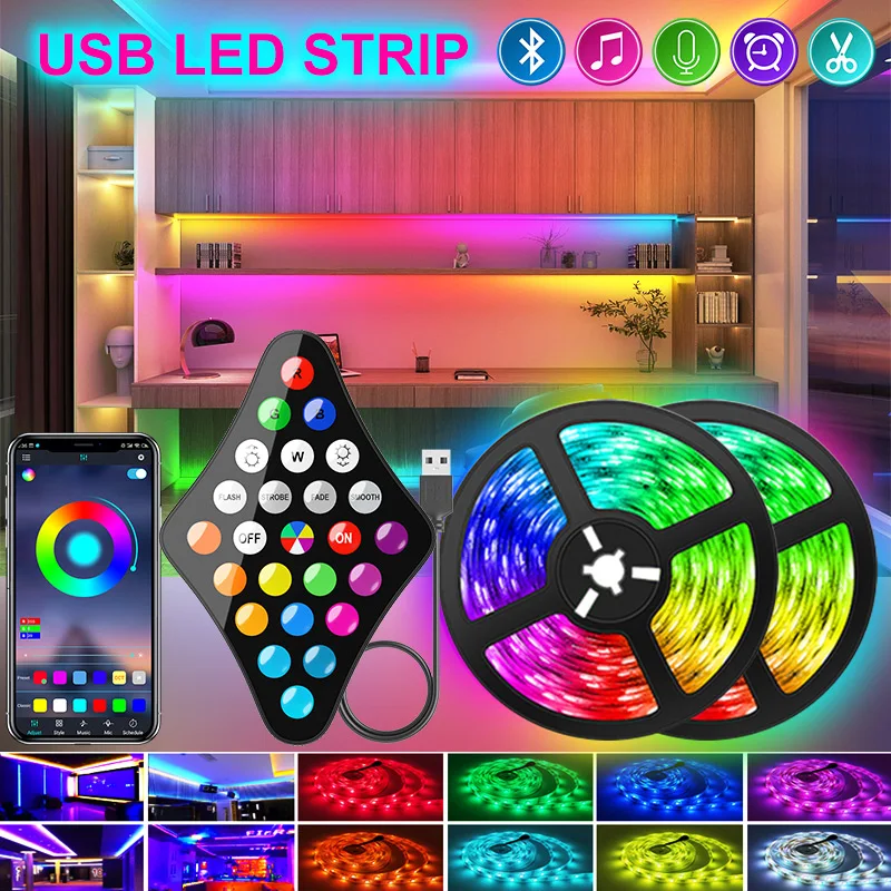 

USB Wifi LED Strip Lights RGB 5050 5V Bluetooth RGB Lights Flexible LED Lamp Tape Ribbon For Room TV Desktop Screen BackLight