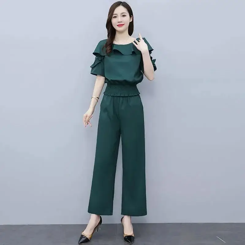 Women\'s Summer Suit 2024 New Waistband Lace Openwork Off The Shoulder Short Sleeve Tops Wide Leg Pants 2 Two Piece Set For Women