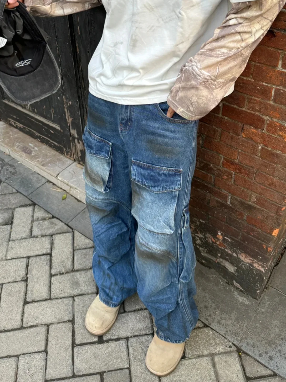 

Men's Workwear Sle Loose Straight Leg Jeans Multiple kets American Waed Vintage Wide Leg Long Trousers Autumn Spring