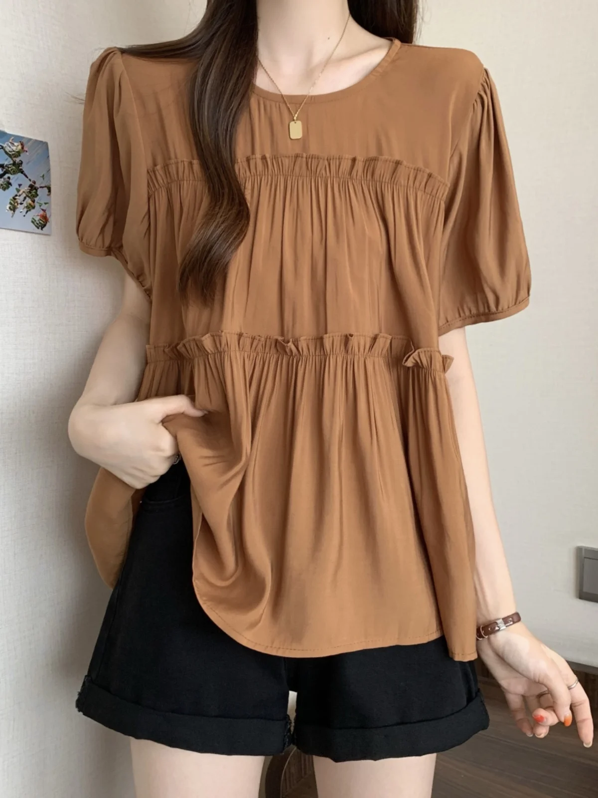 Loose Bubble Sleeve Short Sleeve Women's Chiffon Top Summer plus Size Belly Covering Slimming Age-Defying Unique Beautiful Top