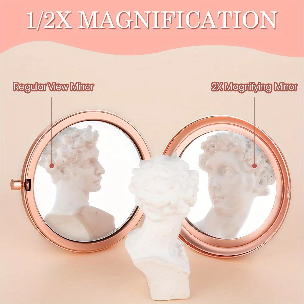 مرآة مكياج محمولة معدنية متينة للسيدات أداة تجميل خارجية عالية الوضوح مرآة مزدوجة الجوانب نمط حروف زهرية سوداء