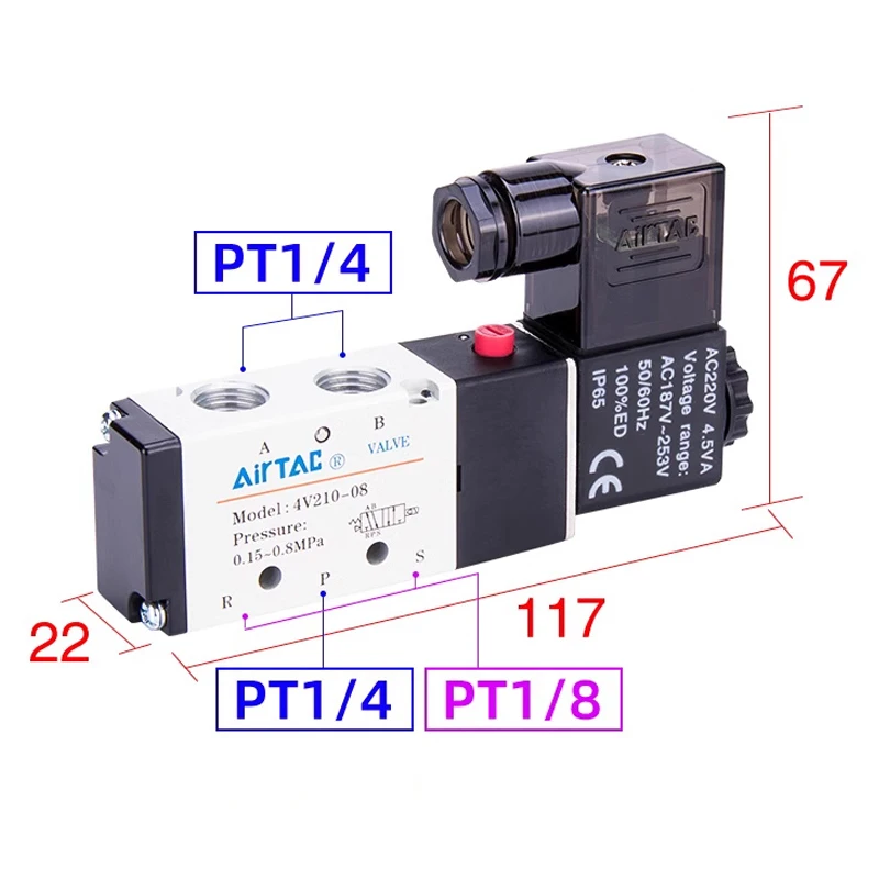 Detalhe 4 de Válvula solenoide 4V210-08 Better Quality Airtac Type Pneumatic Electric Solenoid Valve Directional Control Air Magnetic Valve 12V 24V 220V Pneumática