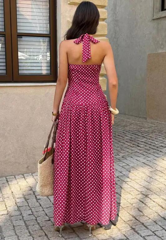 

Summer Classic Fashionable and Elegant Polka Dot Print V-Neck High Waisted Backless Sleeveless A-Line Hanging Neck Dress