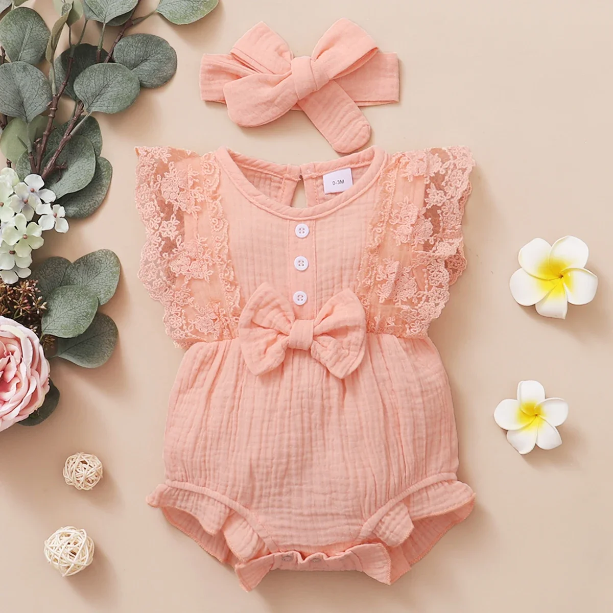 

0-18 Months Newborn Baby Girl Plain Soft Bodysuit Lace Flared Sleeve Summer Romper with Headband Toddler Baby Girl Clothing