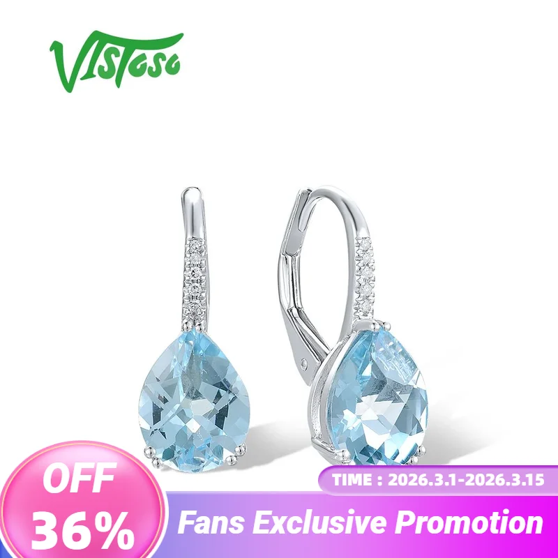 

VISTOSO Pure 14K 585 White Gold Earrings For Women Sparkling Diamond Limpid Sky Blue Topaz Trendy Party Fine Jewelry