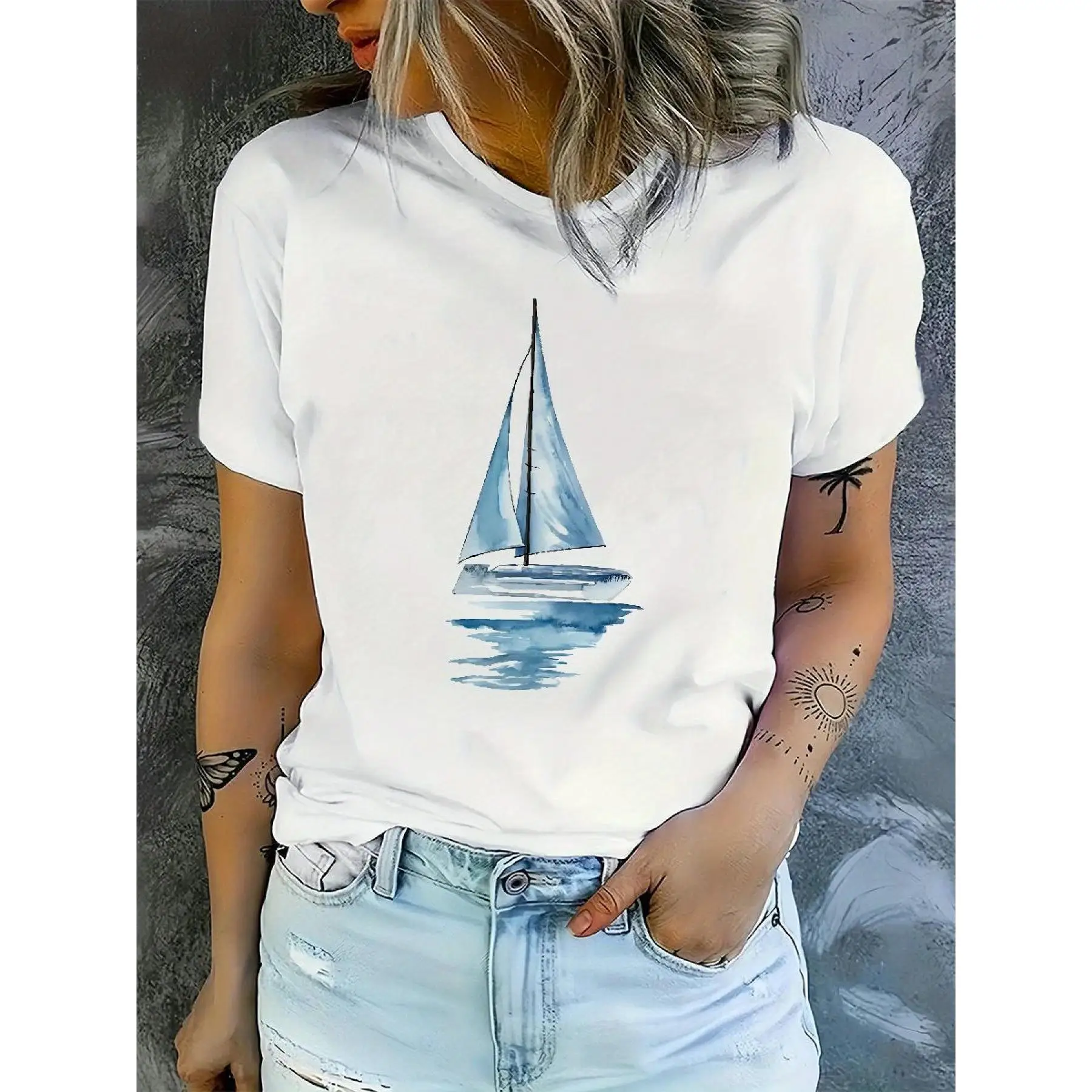 

Women'S Casual Crew Neck T-Shirt with Sailboat Print, Spring/ Summer/ Fall - Short Sleeve Tee