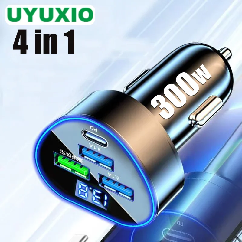 UYUXIO USB C 차량용 충전기 어댑터, 전압 디스플레이, 초고속 충전, 아이폰 15 프로 맥스, 삼성 화웨이용, 4 인 1 