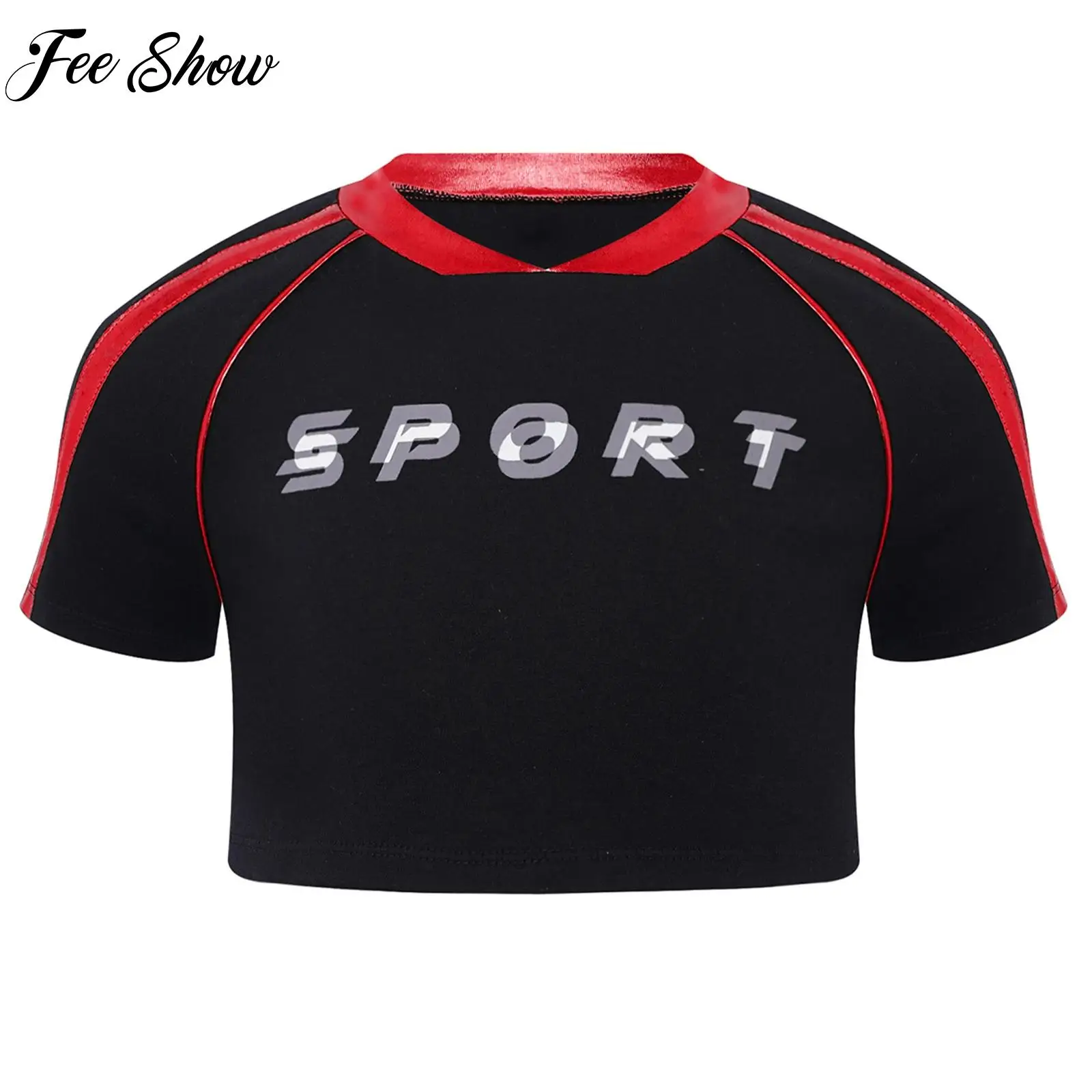

Kids Girls Fashion Color Block Letter Printed Sport Crop Top V-Neck Short Sleeve T-shirt for Sports Workout Running Activewear