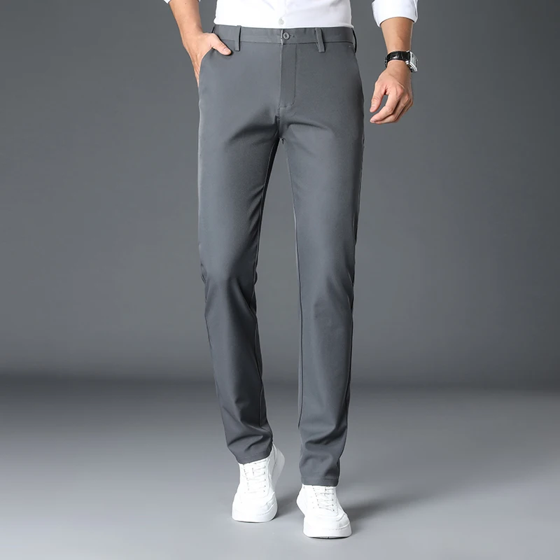Men's Spring Autumn Solid Button Zipper Pockets Casual Slim Suit Trousers Fashion Vintage Formal Office Lady England Style Pants