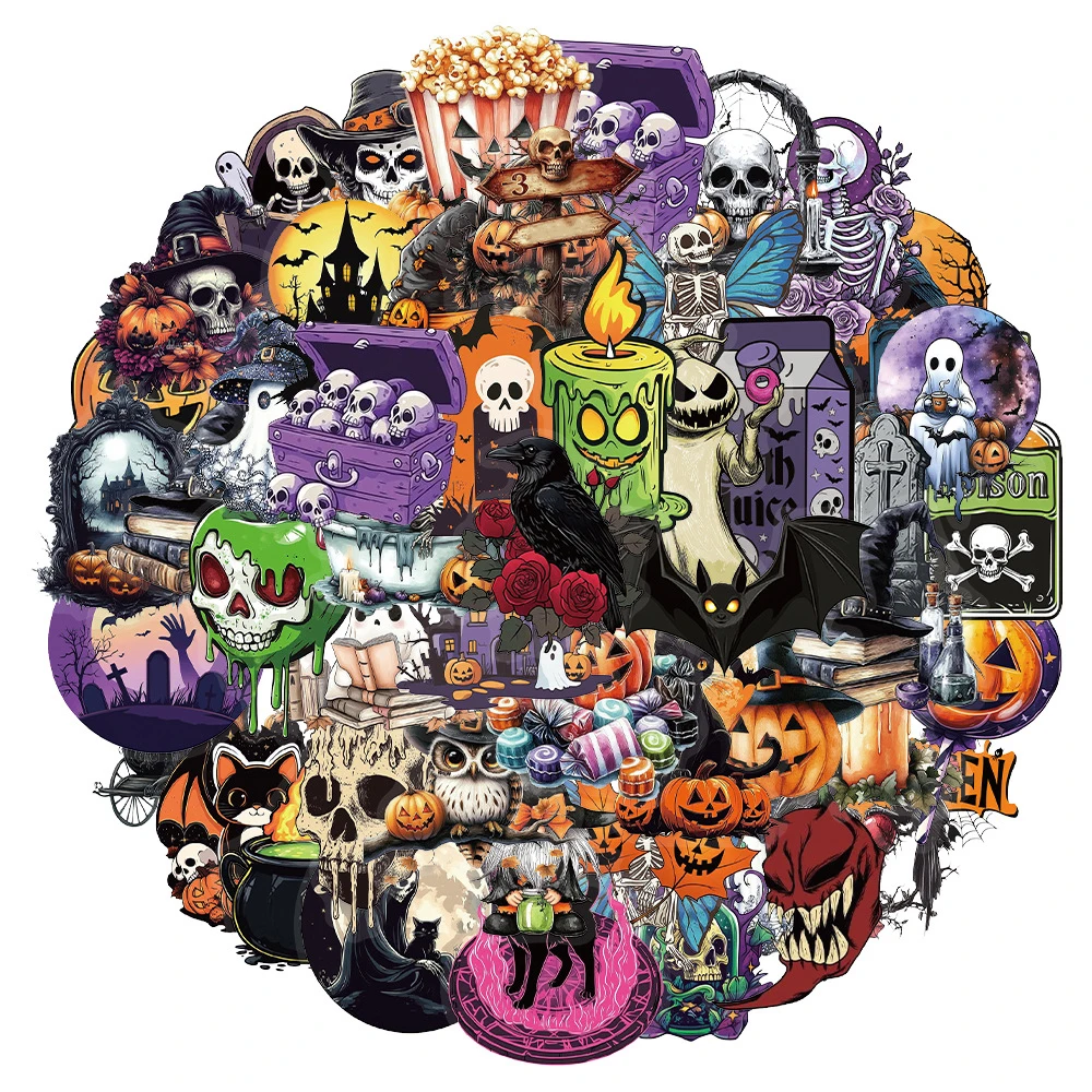 

10/30/50pcs Halloween Pumpkin Witch Graffiti Stickers Cool Cartoon Gothic Decals Skateboard Phone Guitar Car Transparent Sticker