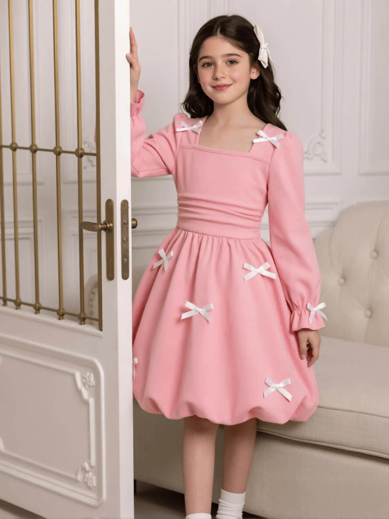 Long Sleeve Square Collar Bubble Sleeve Princess Puff Dress Suitable for 4 to 7 Years Old Children Birthday Party Dress