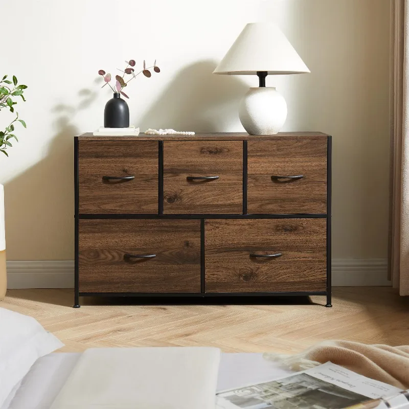 

5 Drawer Fabric Storage Dresser for Bedroom, Brown，Spacious，Wood，Dressing Table，Bedside Table