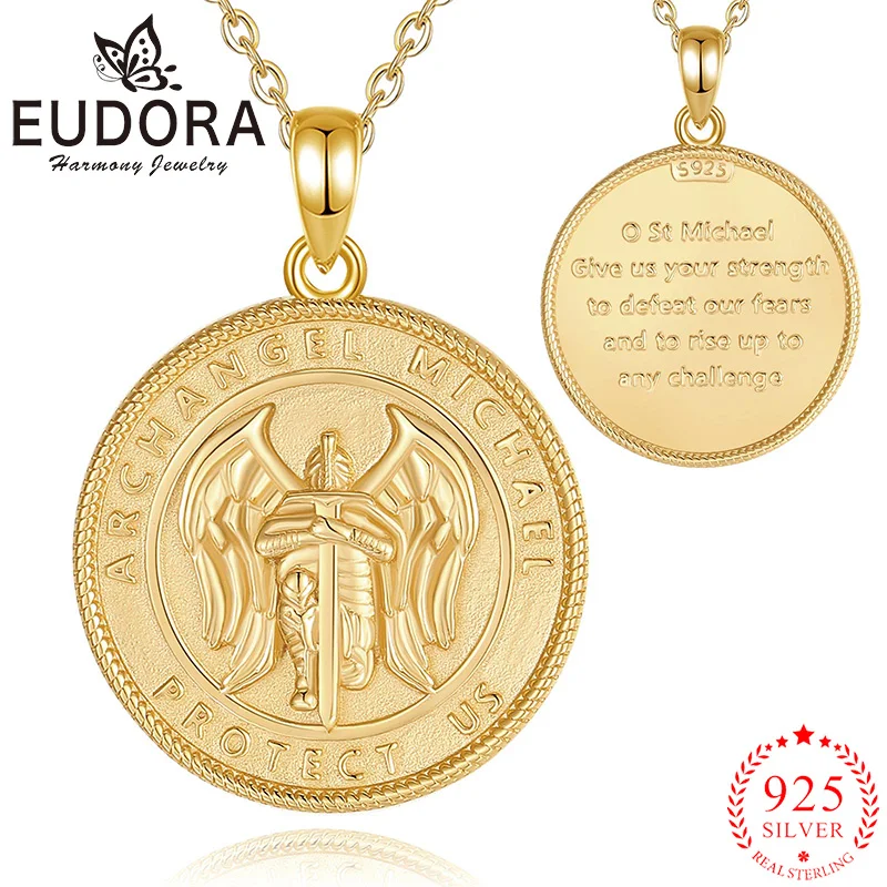 

Ожерелье Eudora Saint Michael, стерлинговое серебро 925 пробы, позолоченное 18-каратное золото, амулет Архангела, медаль, кулон для мужчин и женщин, христианские украшения