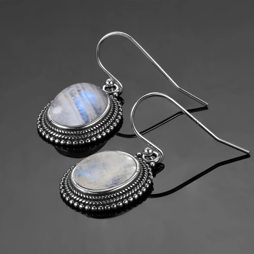 Silver Plated Earring Large Oval Natural Moonstone Earrings for Women Vintage Luxury Ear Jewelry Party Birthday Gift