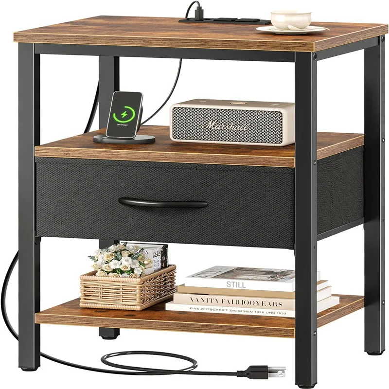 

Modern Three-tier Wooden Storage Coffee Table Drawers Bedside Table Charging Station Home Bedroom Bedside Table With Steel Frame