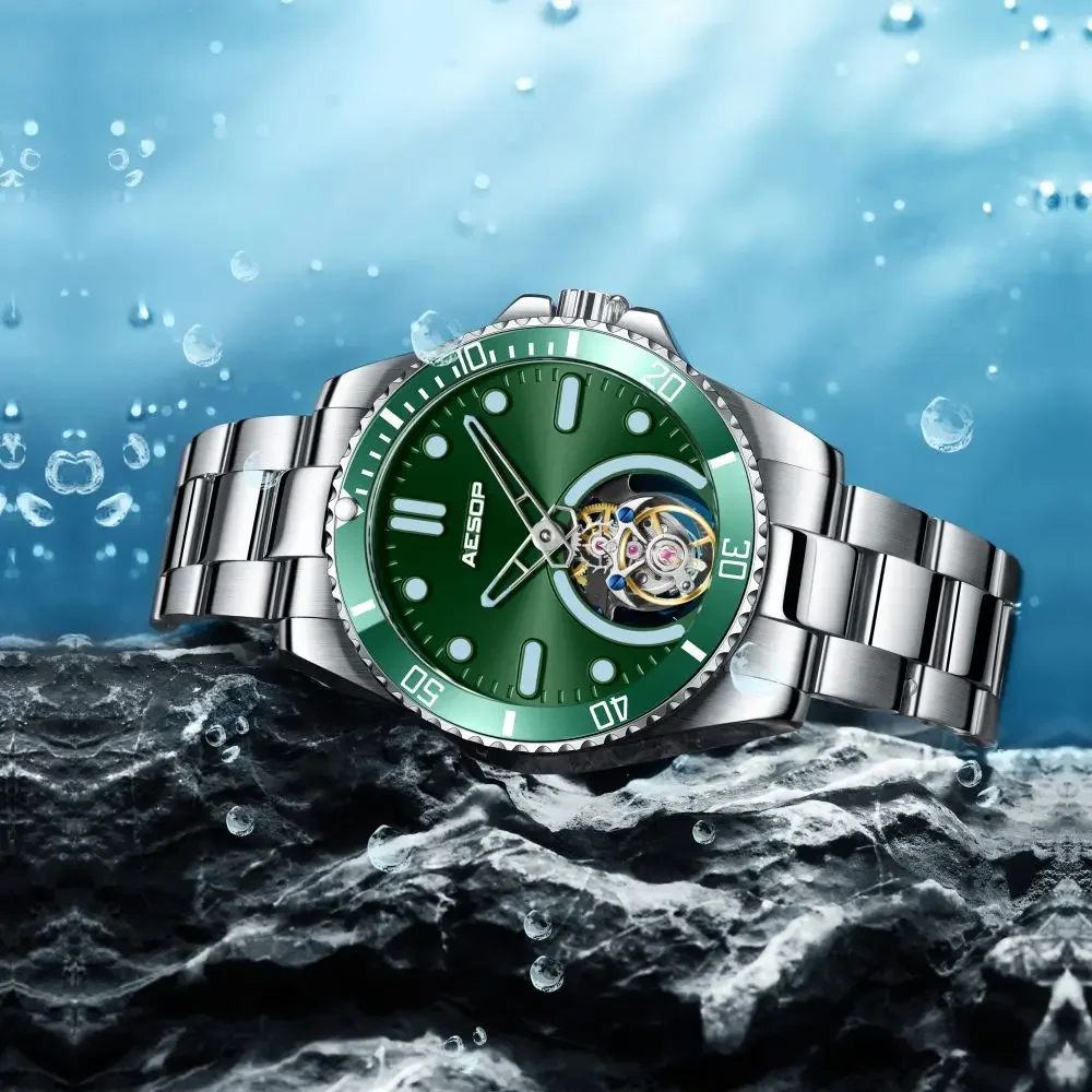 ايسوب توربيون ساعات رجالية شبح الماء الأخضر الياقوت 316L حزام الفولاذ المقاوم للصدأ الذكور ساعات المعصم الميكانيكية موضة فاخرة