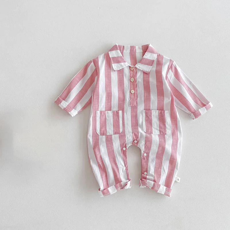 

2024 Autumn Baby Rompers 0-3Y Turn Down Collar Onesie Infant Boys Girls Striped Jumpsuits Babe 100 Days Outdoor Clothing