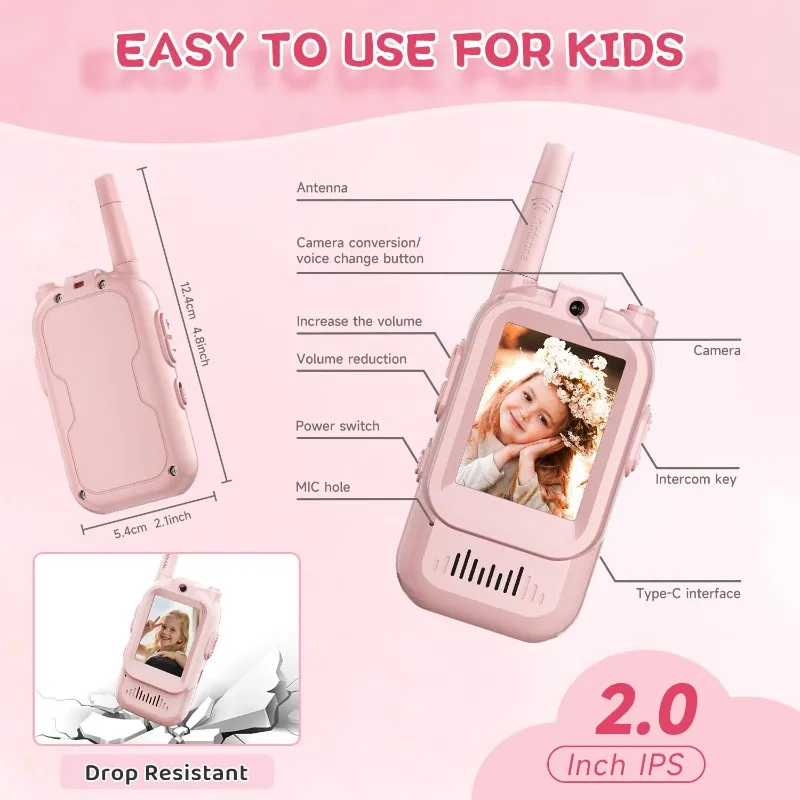 Video Walkie Talkies For Kids, Handheld Rechargeable Video Intercom Kids Walkies Talkies For Outside, Camping Pink