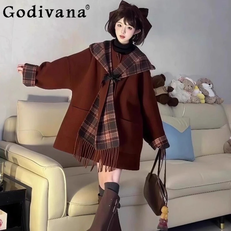 

Coffee Color Woolen Cape Coat Female Loose Fit Slimming Tassel Scarf Overcoat Women's Japanese Style Oversized Woolen Coat