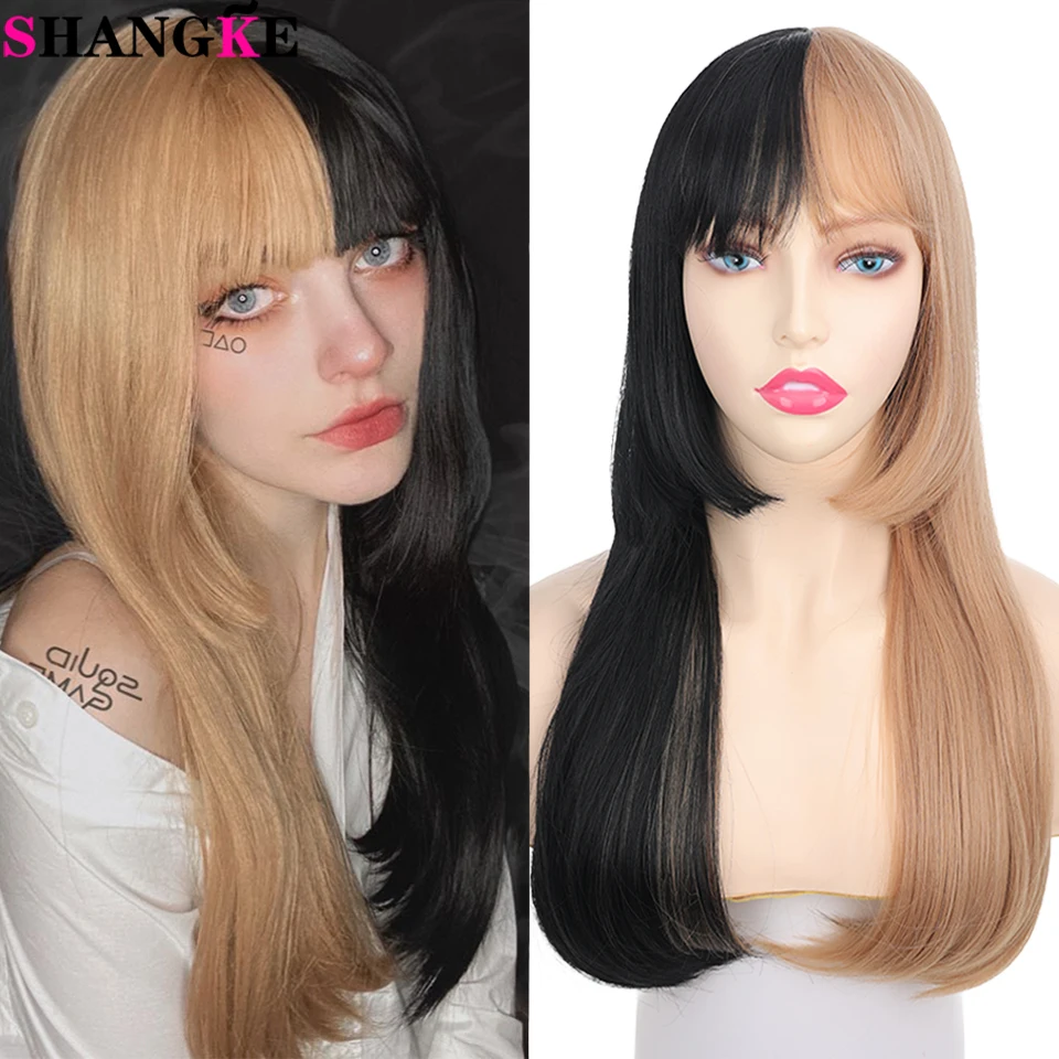 SHANGKE syntetyczne długie peruka z prostymi włosami z Hime Cut Bangs żaroodporne Kawaii Lolita peruki dla kobiet naturalne codzienne peruki