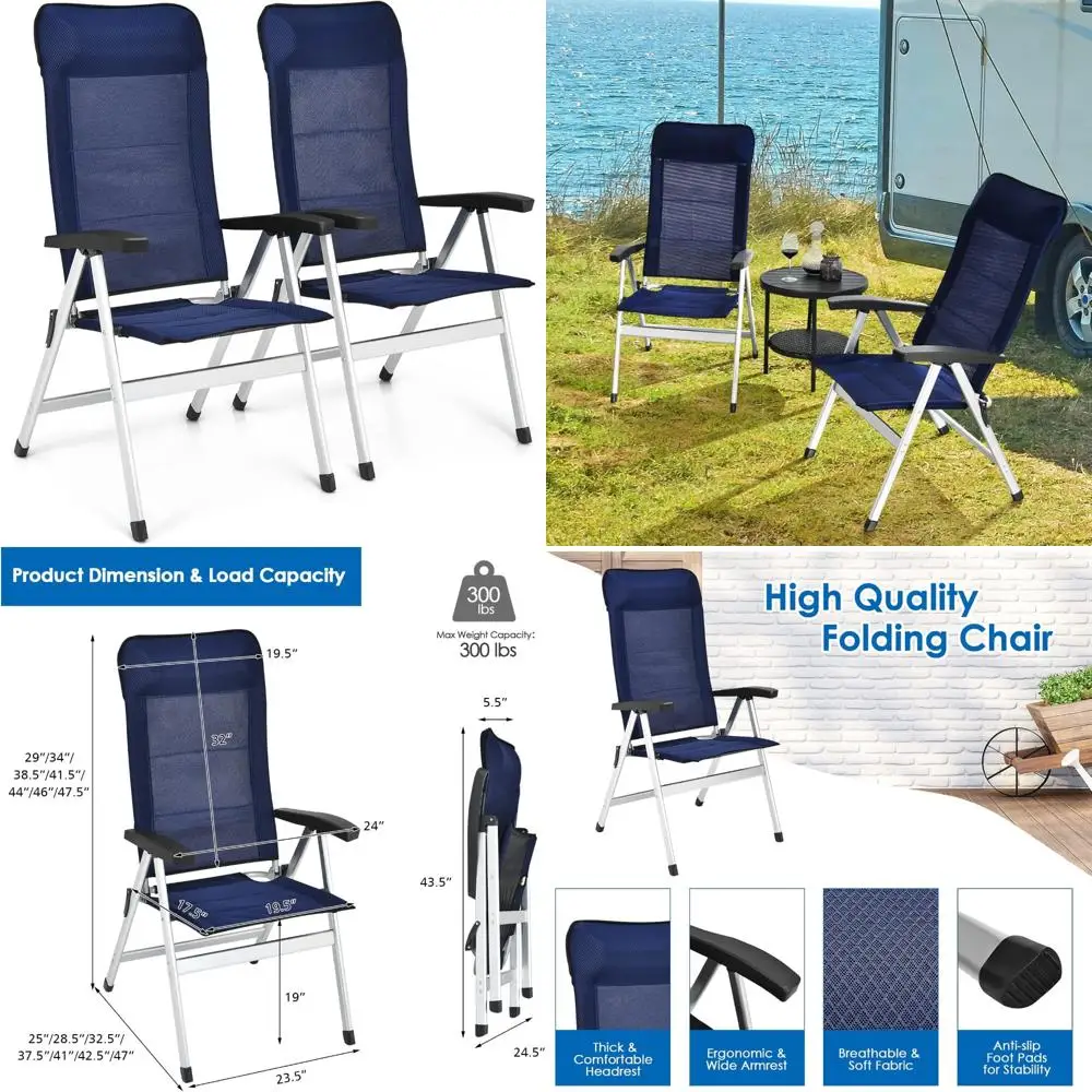 Conjunto de 2 cadeiras dobráveis para pátio, reclináveis com 7 posições ajustáveis e apoios de cabeça acolchoados, ideais para uso ao ar livre