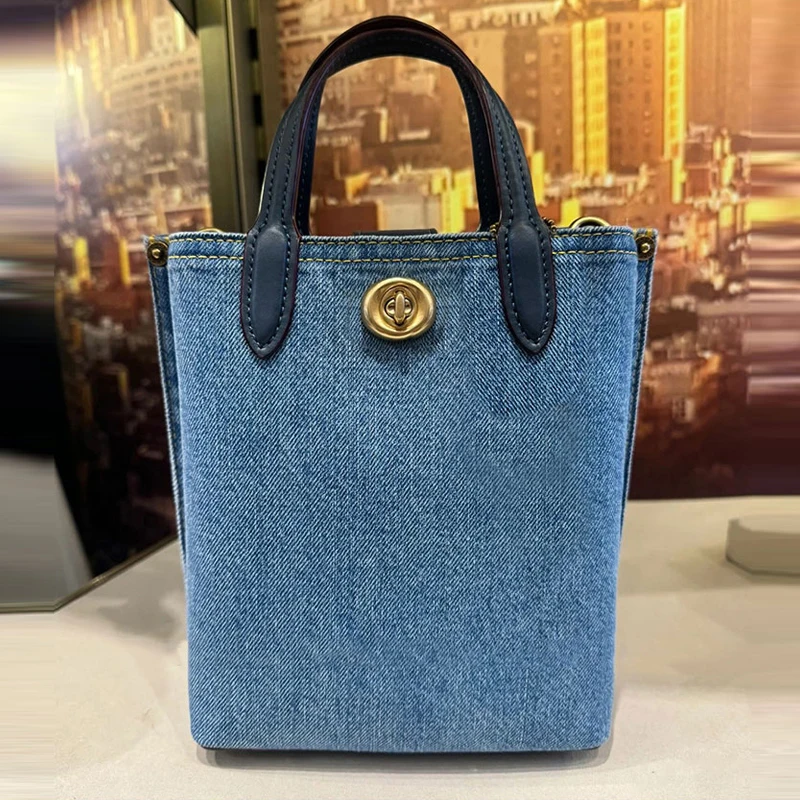 Denim Blue Mini Tote Bags For Women Luxury Designer Handbags Purses 2024 New In Fashion Simple Lock Decorate Shoulder Crossbody