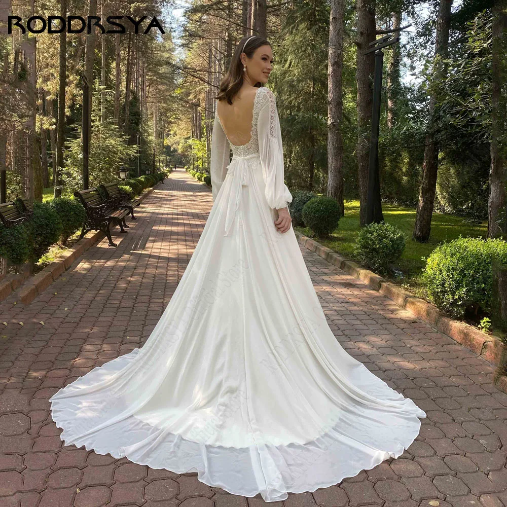 Roddrsya Bohemia V collar chiffon vestido de novia más granRODDRSYA-vestido de novia de gasa con cuello en V, traje bohemio de talla grande, Espalda descubierta, mangas largas abullonadas, encaje, línea A, talla grande