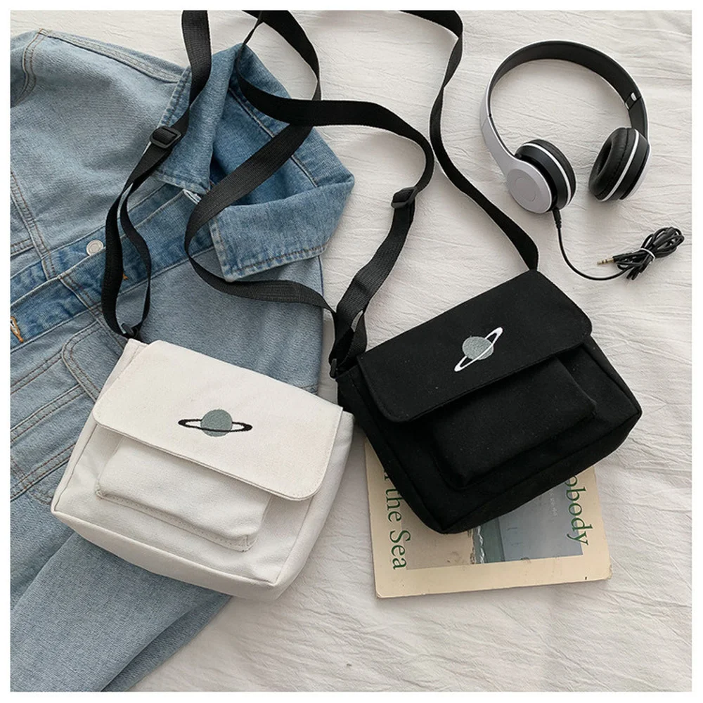 Simple Canvas Messenger Bags Fashion Girls Embroidery Planet Small Square Shoulder Crossbody Bag Retro Female Daily Phone Purse