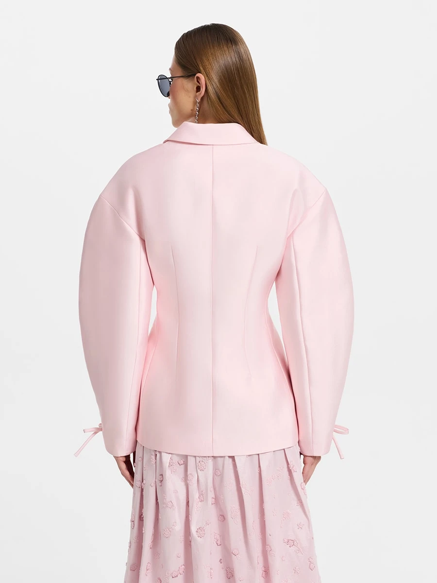 LIMO Pink Satin Fitted Blazer Lapel Collar Button Front Bow Cuff Slim Tailored Jacket