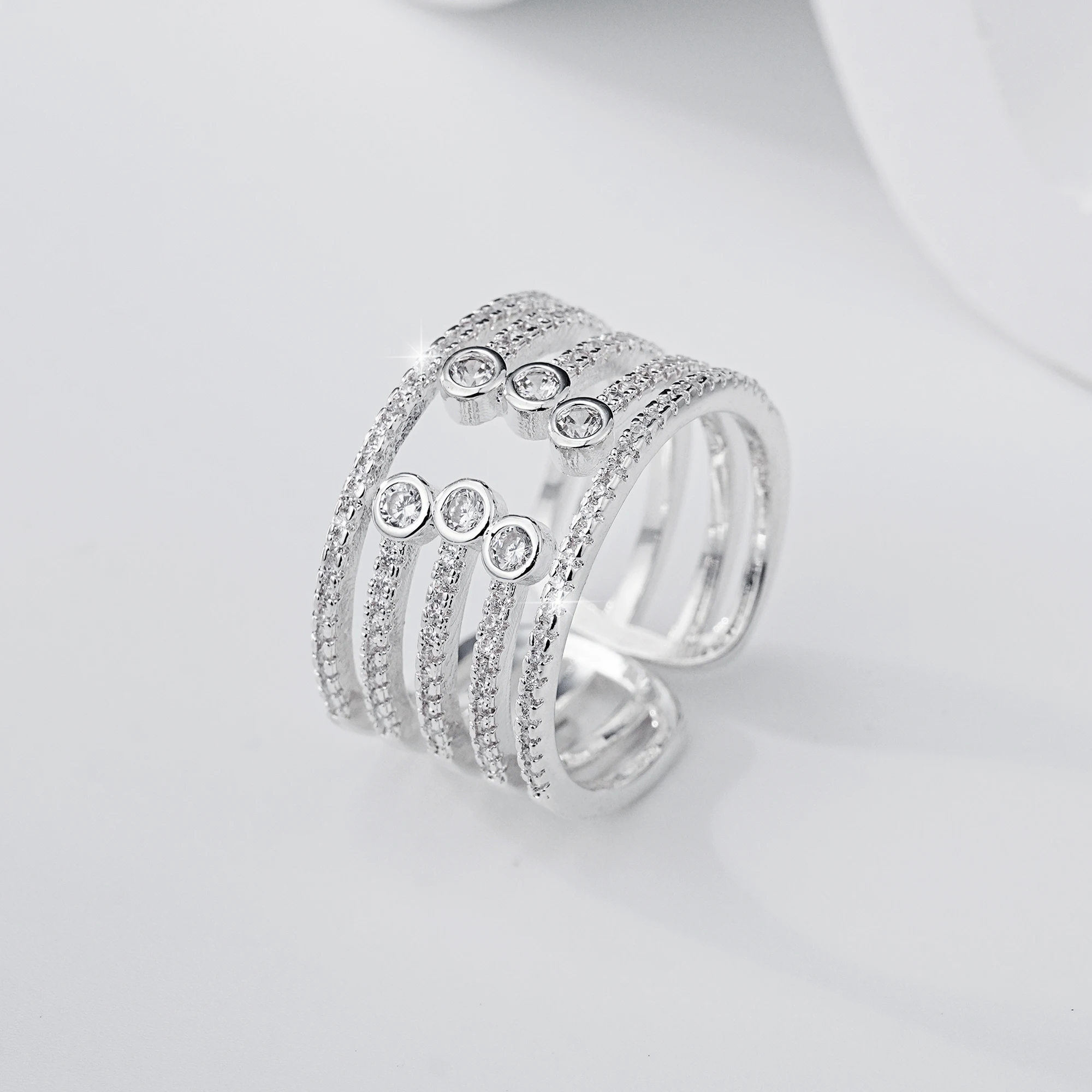 925 Sterling Silver Moissanite Open Ring Multi-Layer Band Pave 3 Stone Sparkling Wedding Engagement Anniversary Adjustable Women