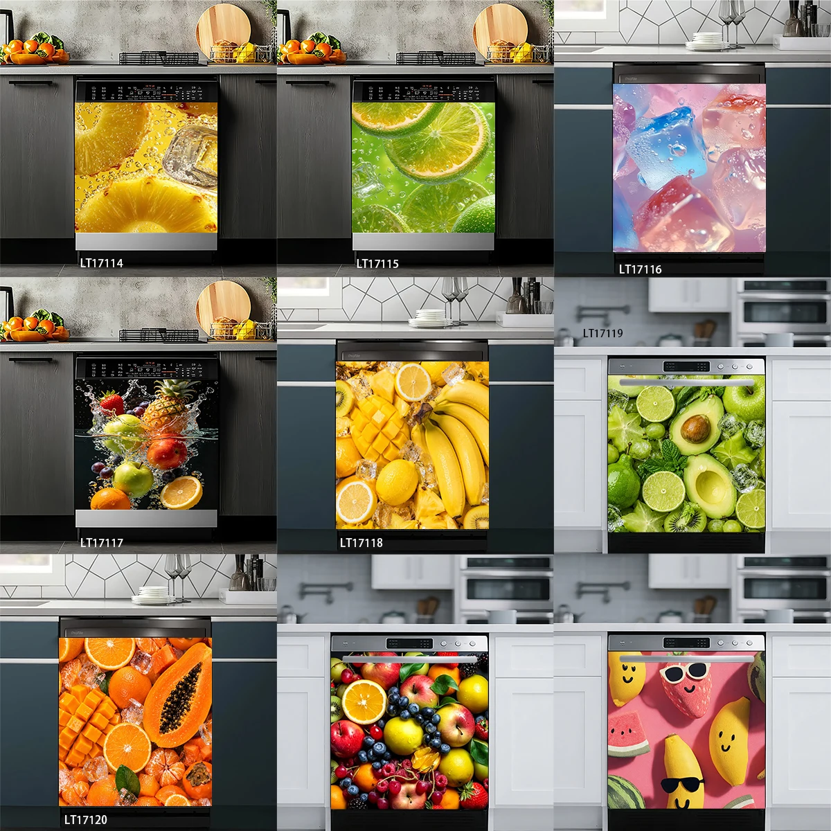 Cute Ice Cube Fruit Dishwasher Sticker Waterproof Self-adhesive Peel and Stick Dishwasher Cover Decal Wall Art Poster Popular 3D