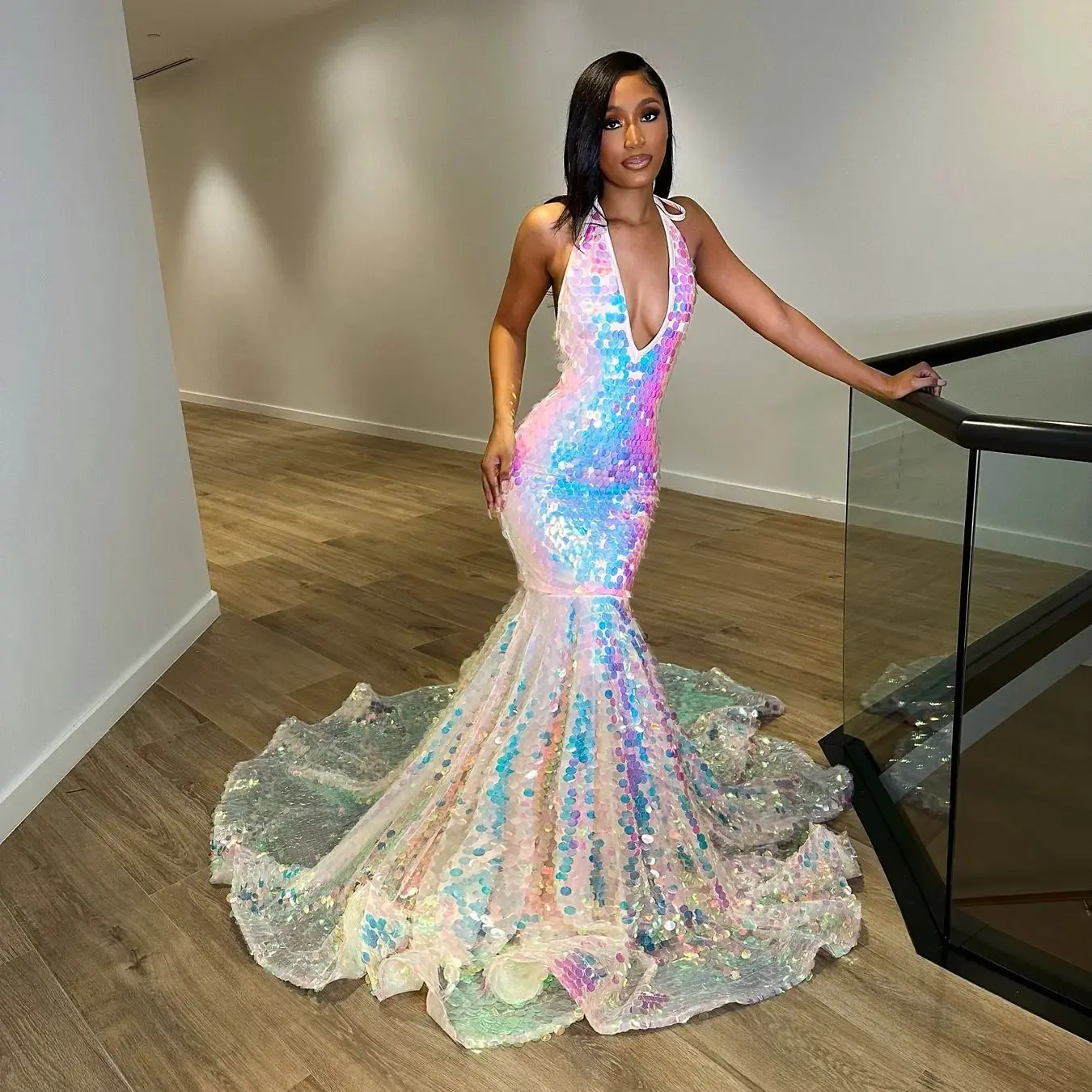 

Sparkle South African Prom Dresses Mermaid Halter Sequins Backless Black Girls Nigeria Robe De Soiree Evening Dresses Gown